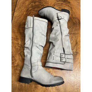 Light Gray Size 8 Knee High Flat Heel Zipper Buckle Riding Boots Vegan Leather